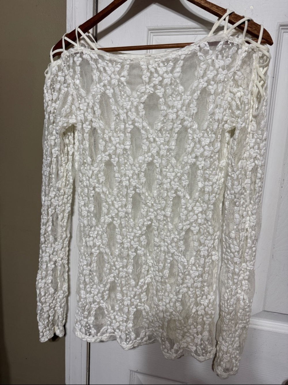 Cream Lace Knit Long Sleeve Sheer Top